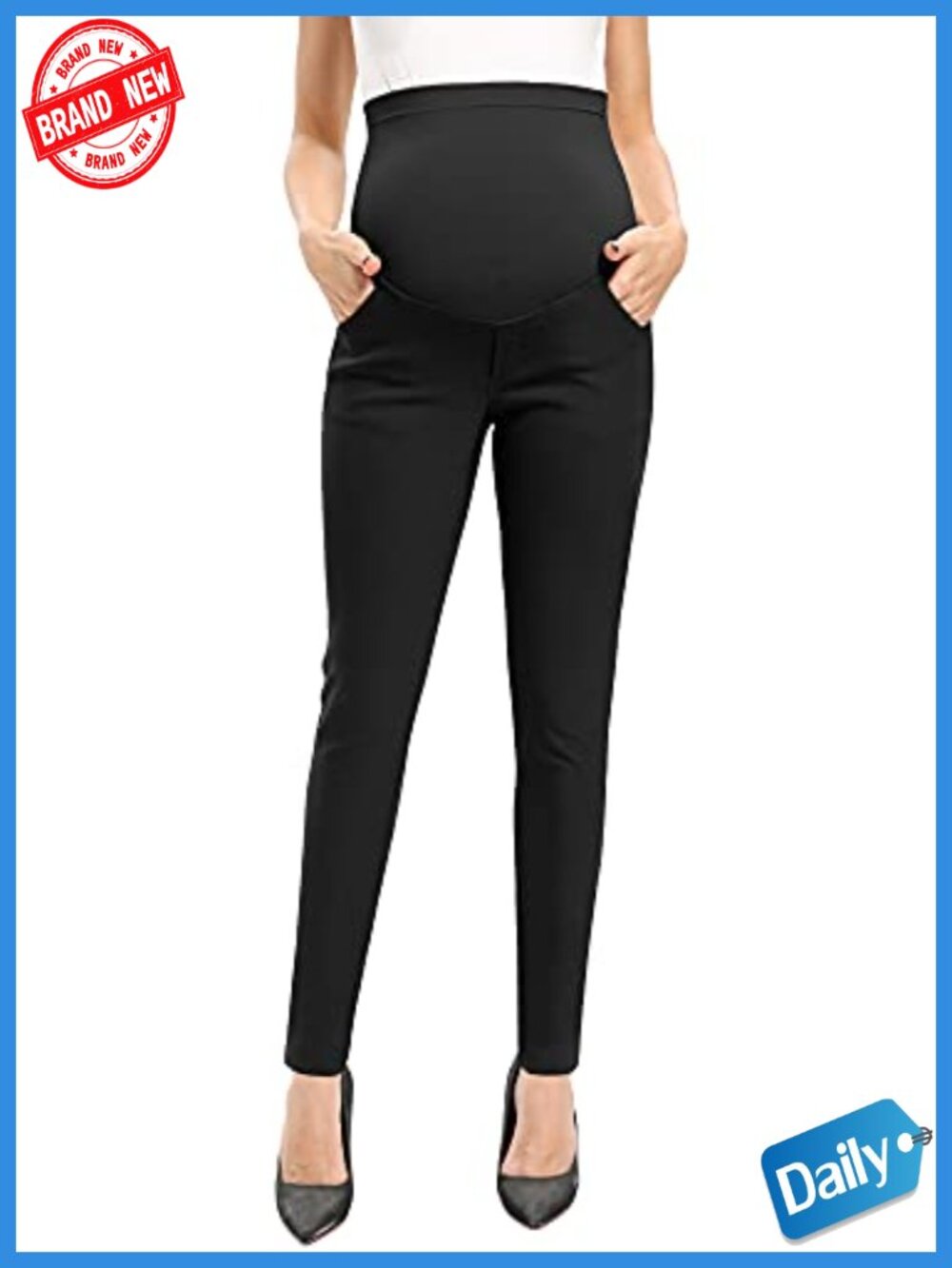 Maternity Skinny Pants Over-Belly Panel Stretch Comfy Work Pants with Pockets